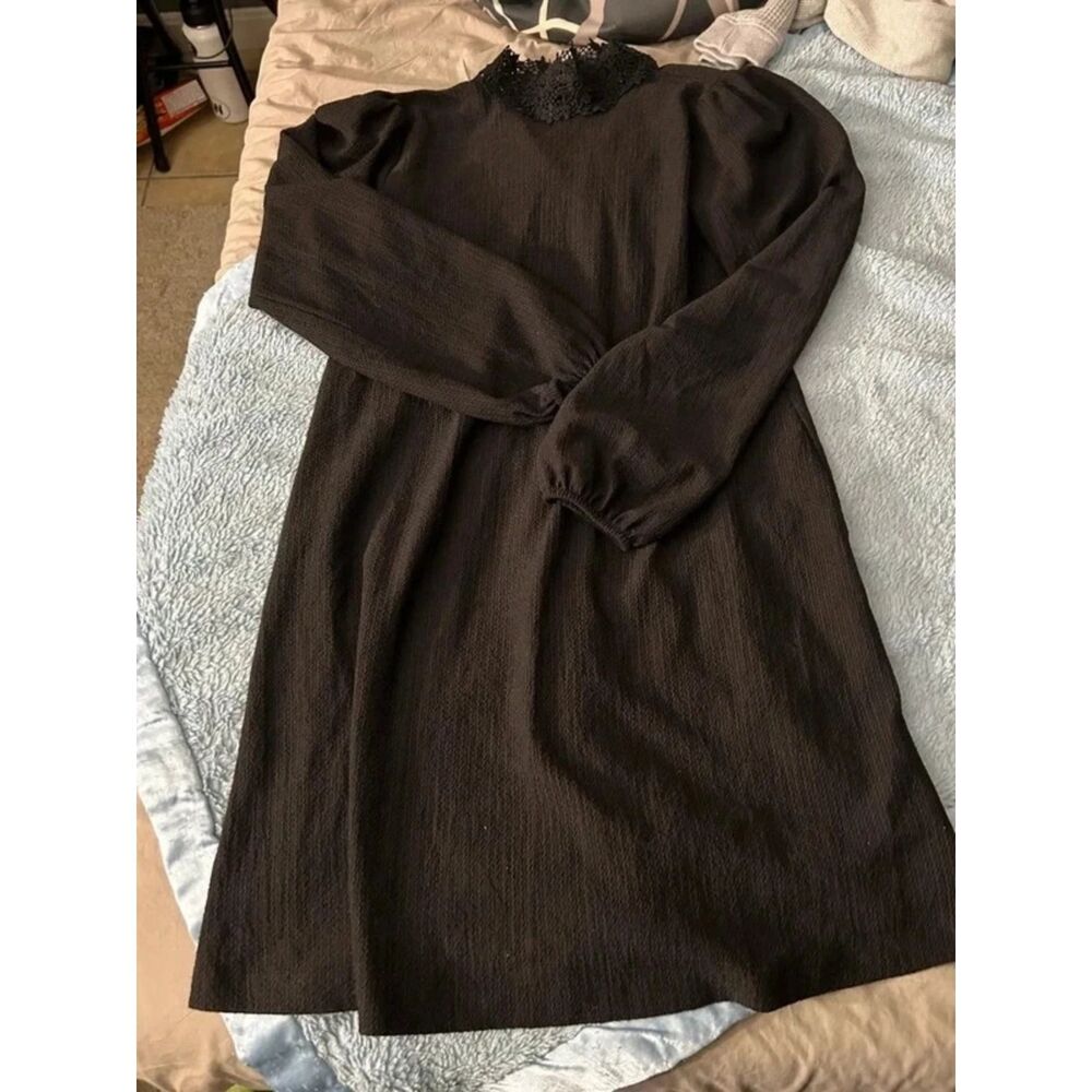 ZARA Black High-Neck Crochet Lace Textured Long-Sleeve Mini Dress